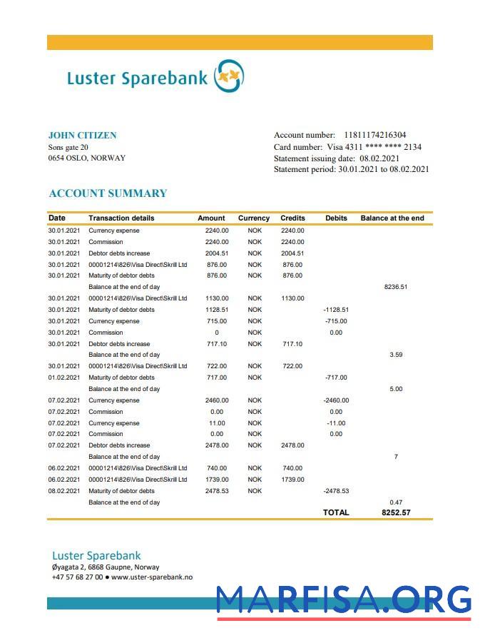 Downloadable Norway Luster Sparebank bank statement excel download for verification